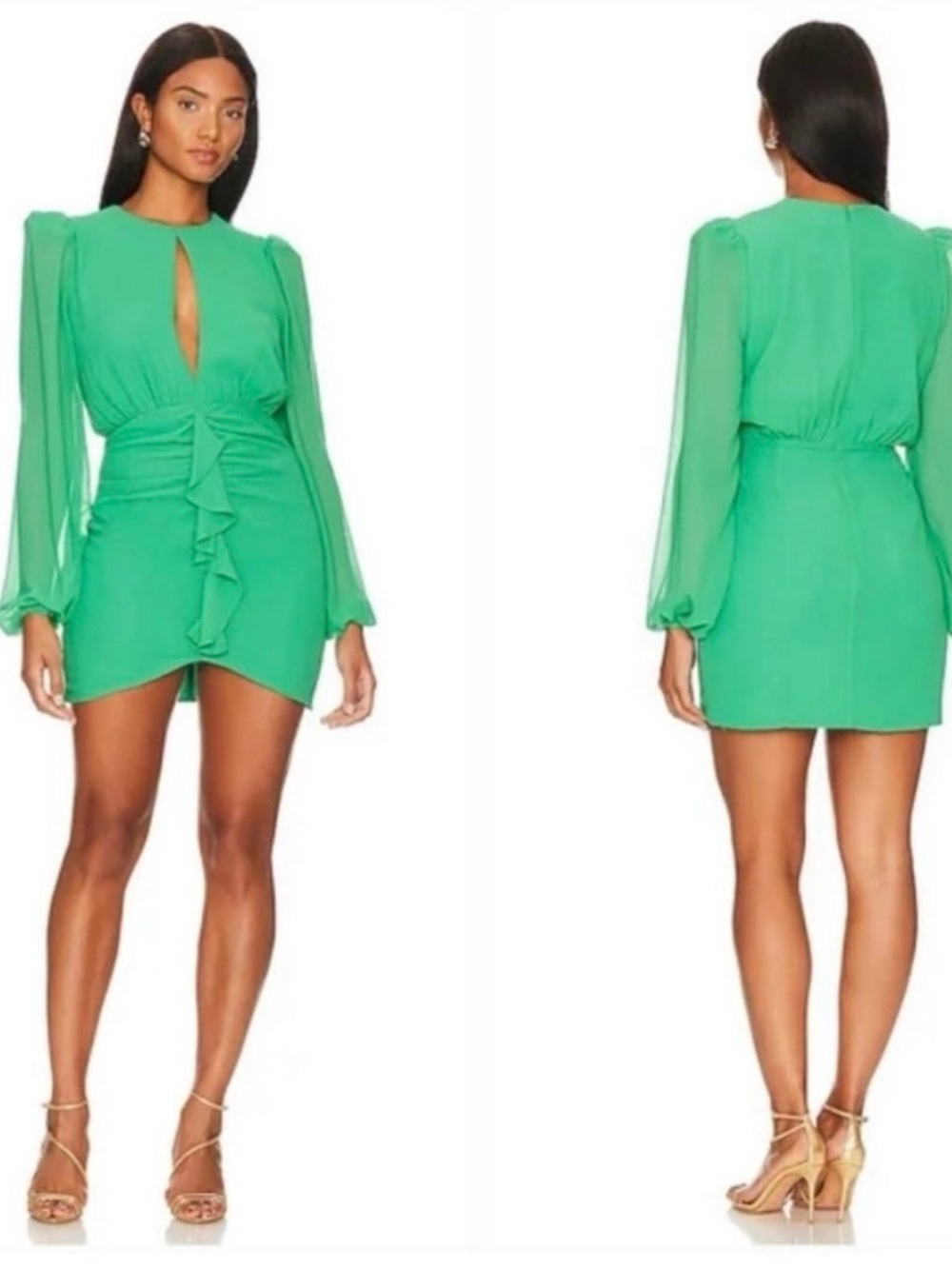 NBD Emerald Ruffle-Front Long Sleeve Mini Dress